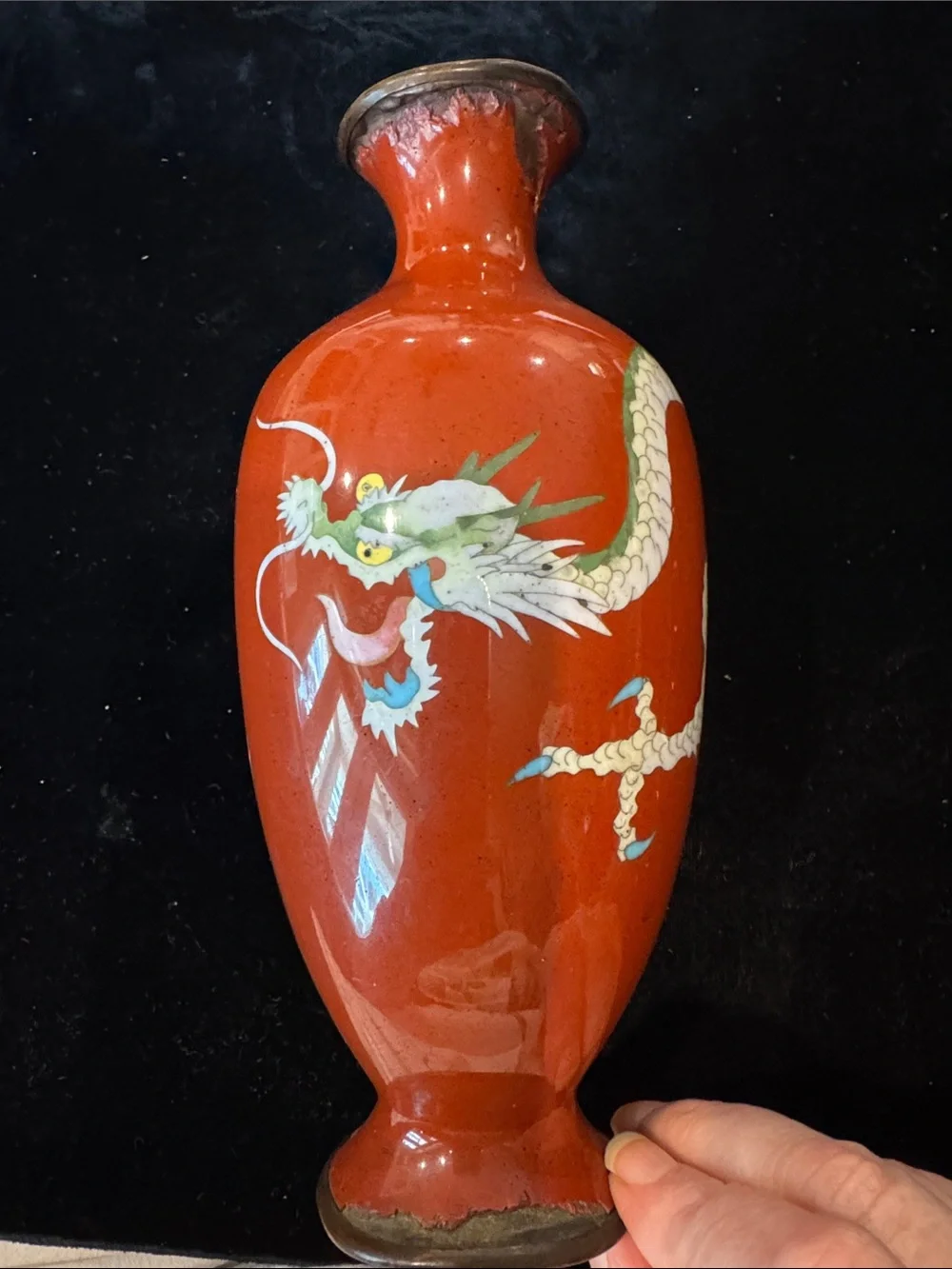 Vintage/Antique Japanese Red Dragon Cloisonné Vase AS-IS
